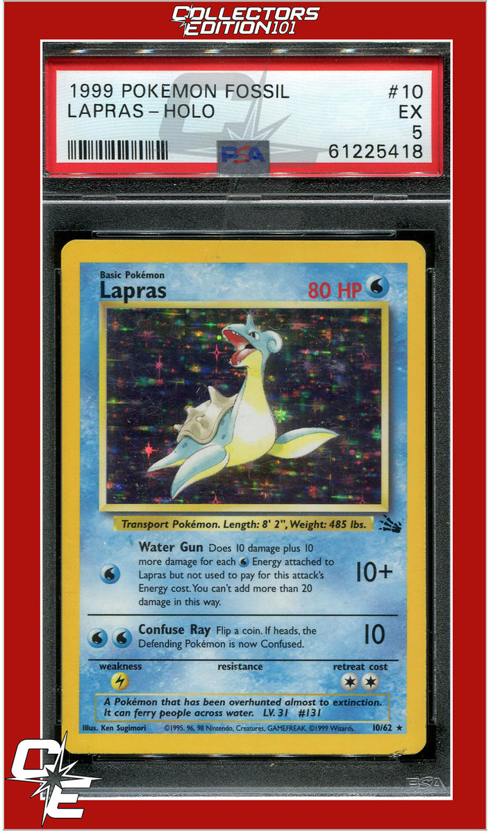 first edition holo pokemon cards Fossil 10 Lapras Holo PSA 5