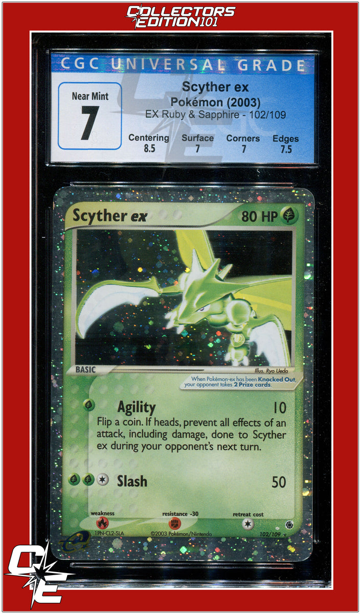 Pokemon Scyther hotsell EX 102/109 EX Ruby & Sapphire CGC 8 w/ Subs Slab & 2 Full Swirls