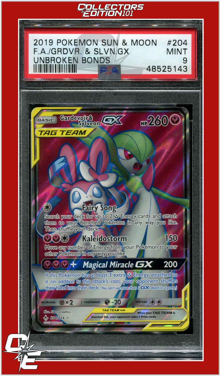 Unbroken Bonds 204 Full Art Gardevoir & Sylveon GX PSA 9