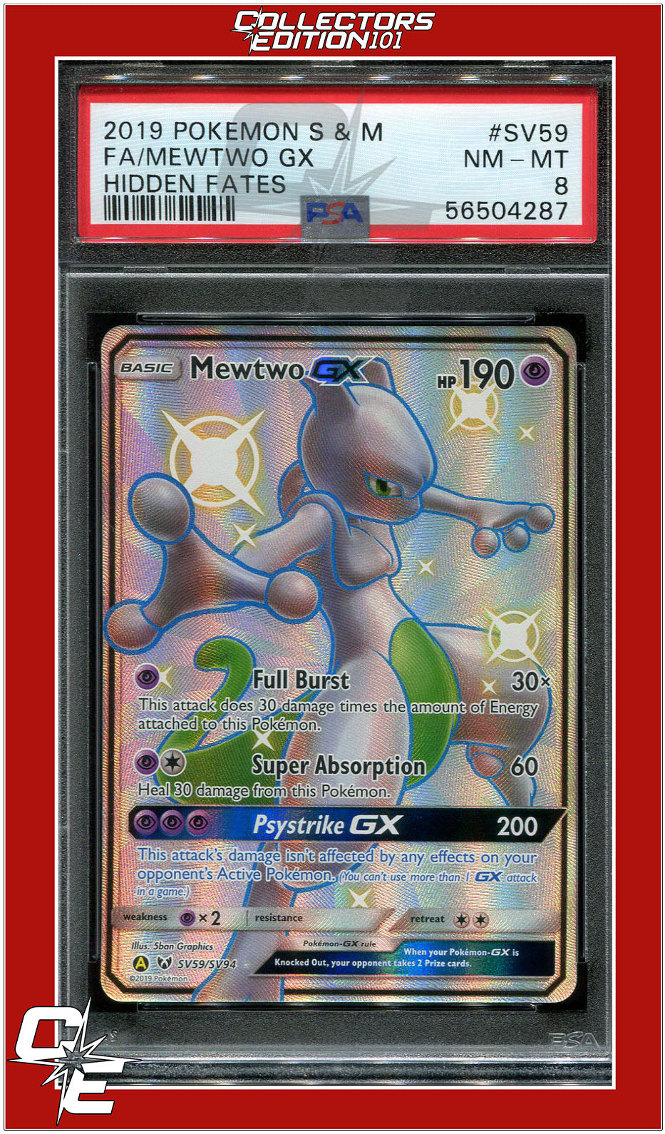 Hidden Fates SV59 Full Art Mewtwo GX PSA 8