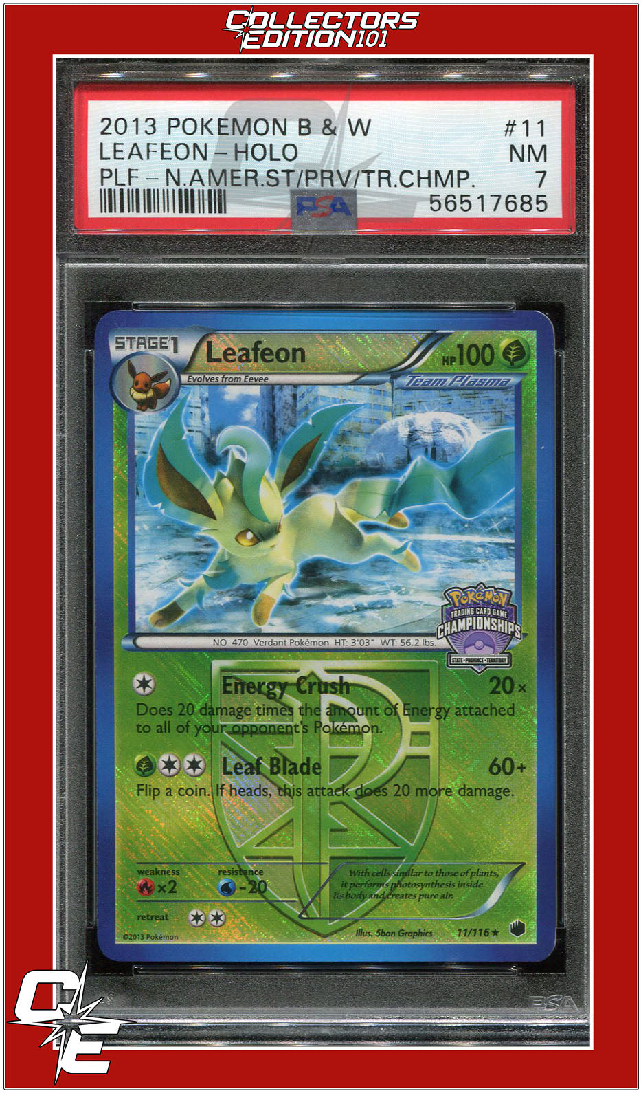 Plasma Freeze 11 Leafeon Holo North American S/P/T Championships PSA 7