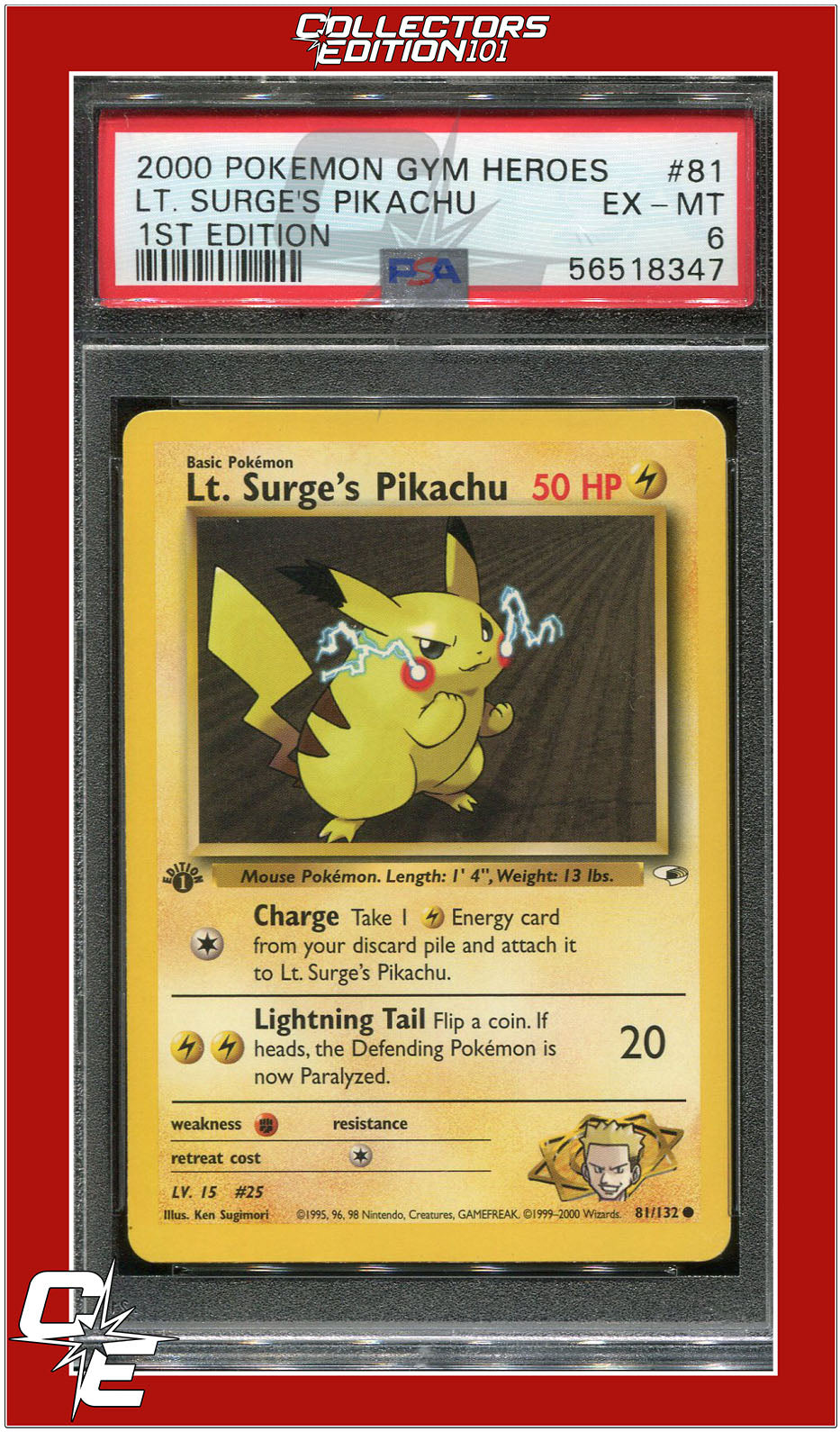 Gym Heroes 81 LT. Surge's Pikachu 1st Edition PSA 6