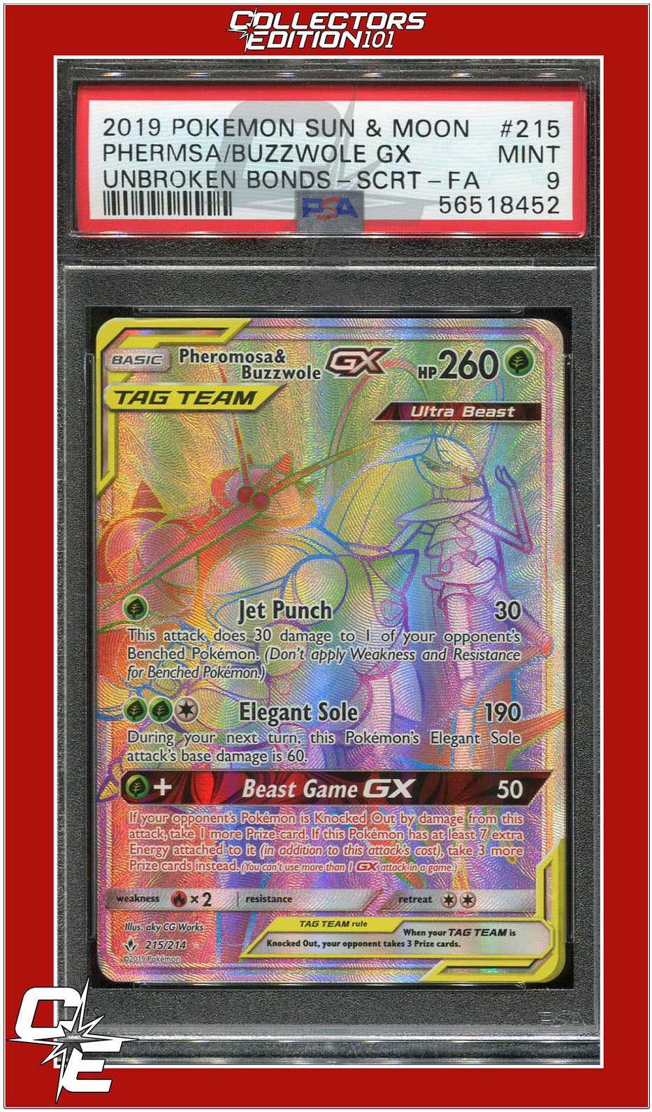 Unbroken Bonds 215 Full Art Pheromosa & Buzzwole GX Secret PSA 9