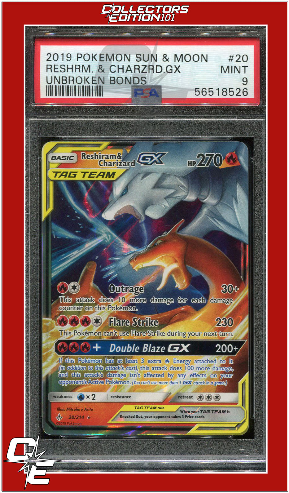 Unbroken Bonds 20 Reshiram & Charizard GX PSA 9