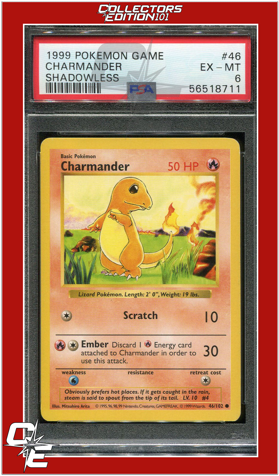 Base Set 46 Charmander Shadowless PSA 6