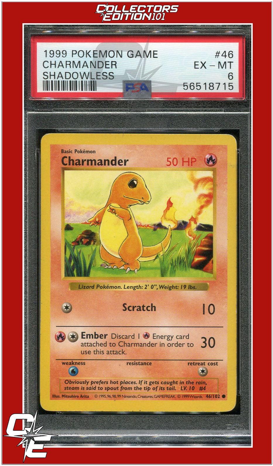 Base Set 46 Charmander Shadowless PSA 6