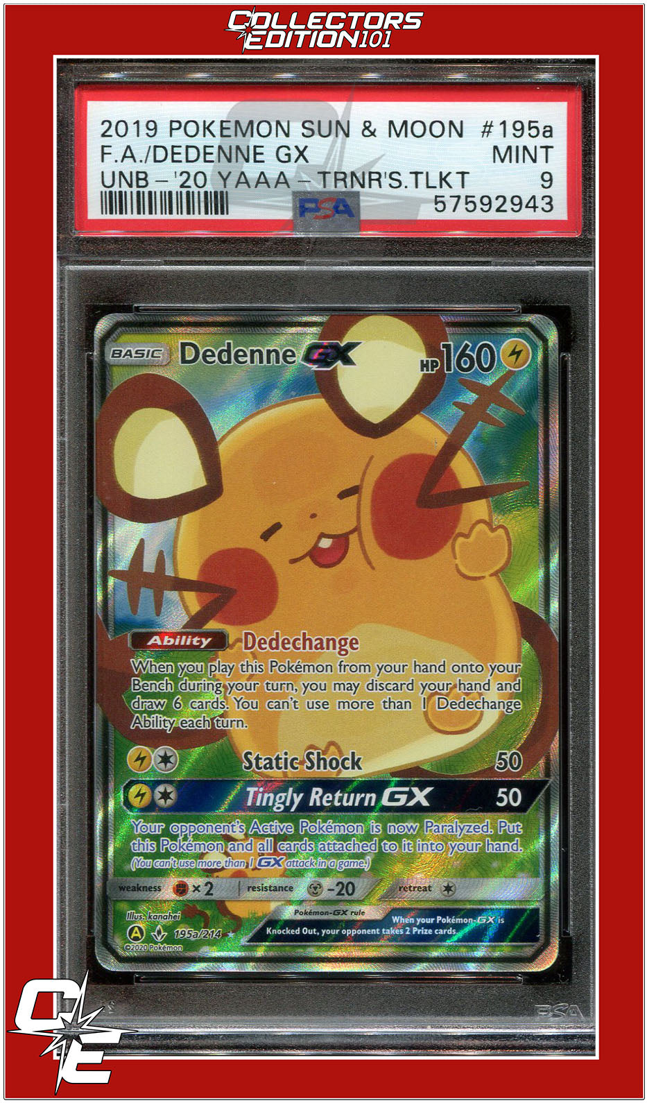 Unbroken Bonds 195a Full Art/Dedenne GX Alternate Art PSA 9