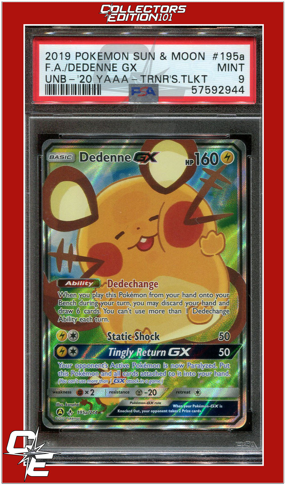 Unbroken Bonds 195a Full Art/Dedenne GX Alternate Art PSA 9