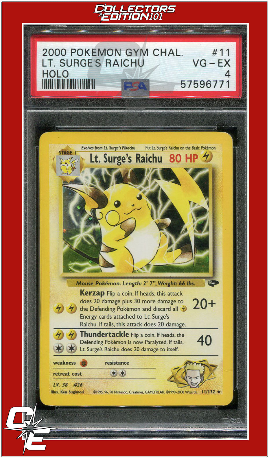 Gym Challenge 11 LT. Surge's Raichu Holo PSA 4