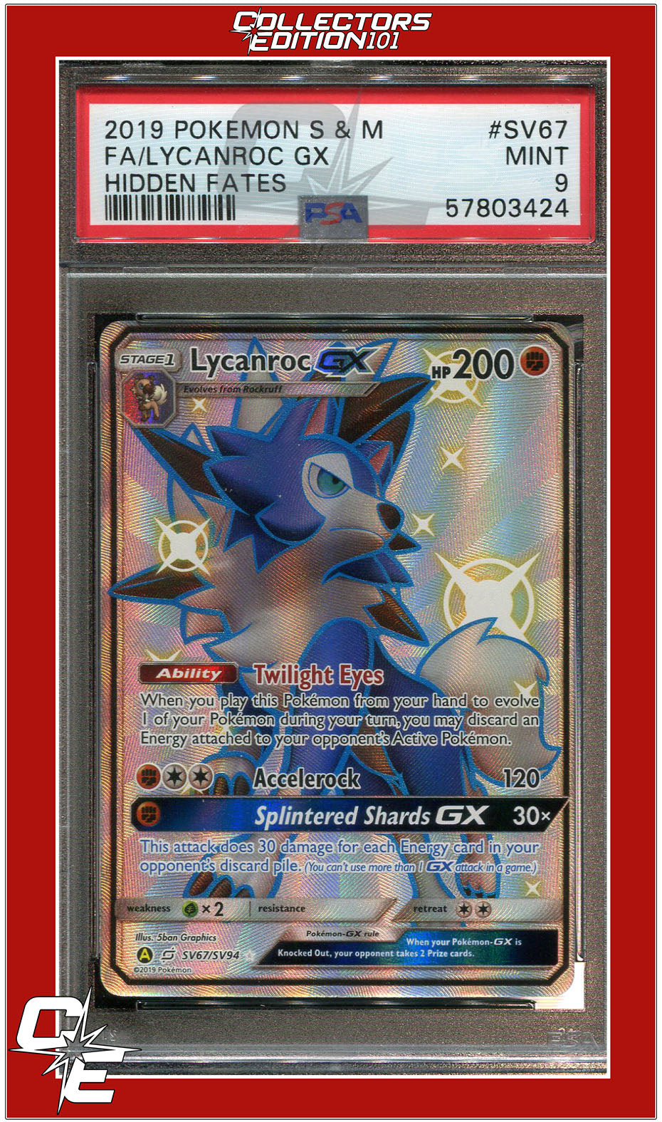 Hidden Fates SV67 Full Art Lycanroc GX PSA 9