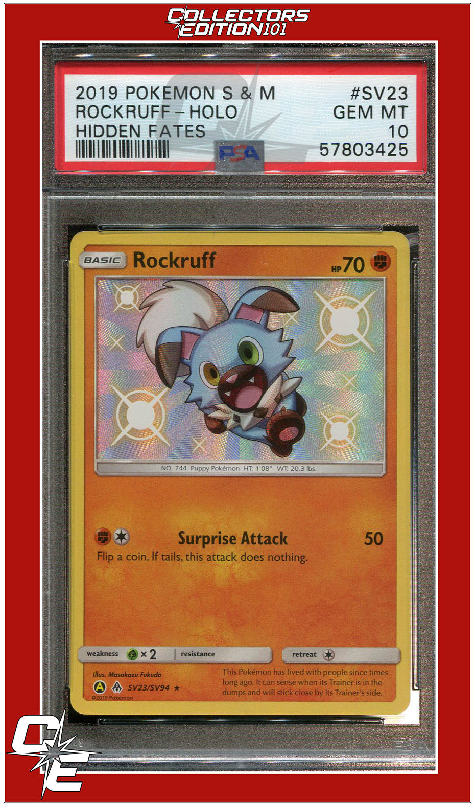 Hidden Fates SV23 Rockruff Holo PSA 10