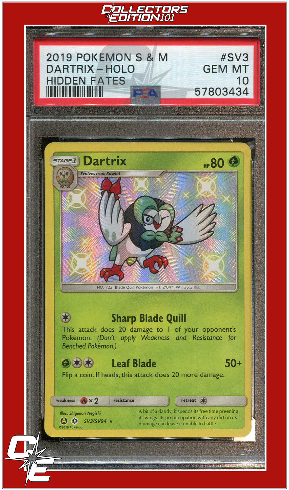 Hidden Fates SV3 Dartrix Holo PSA 10