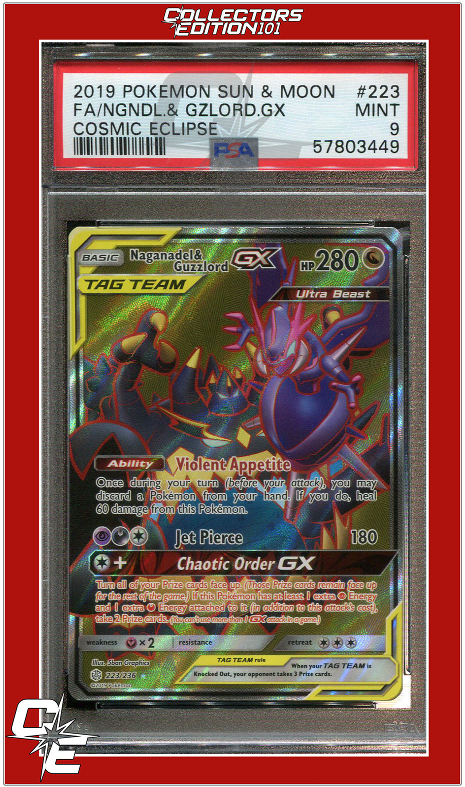 Cosmic Eclipse 223 Full Art Naganadel & Guzzlord GX PSA 9