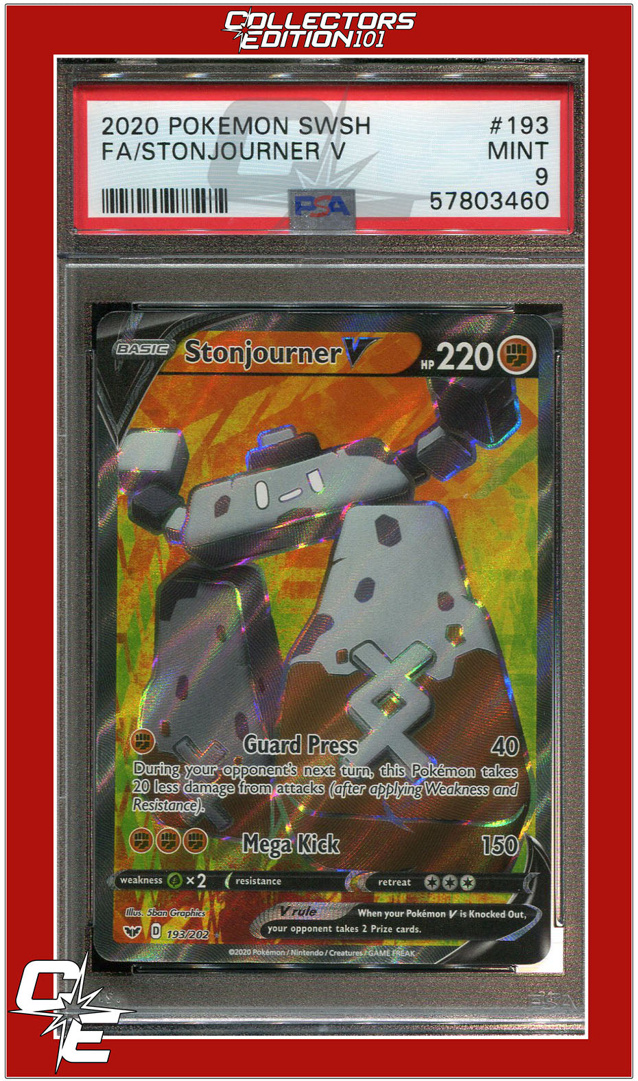 Sword & Shield 193 Full Art Stonjourner V PSA 9