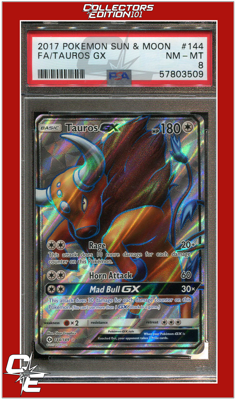 Sun & Moon 144 Full Art Tauros GX PSA 8