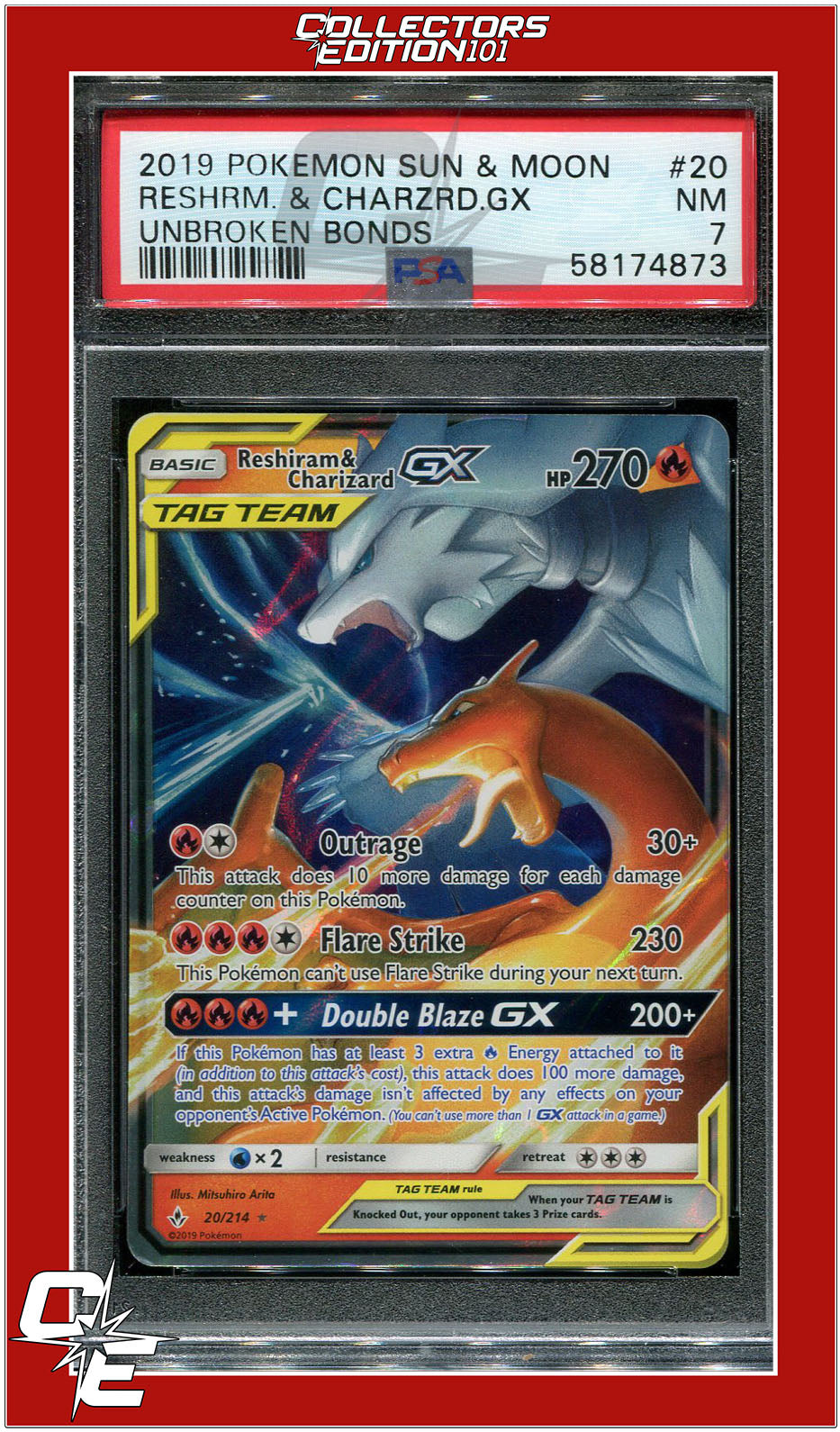 Unbroken Bonds 20 Reshiram & Charizard GX PSA 7