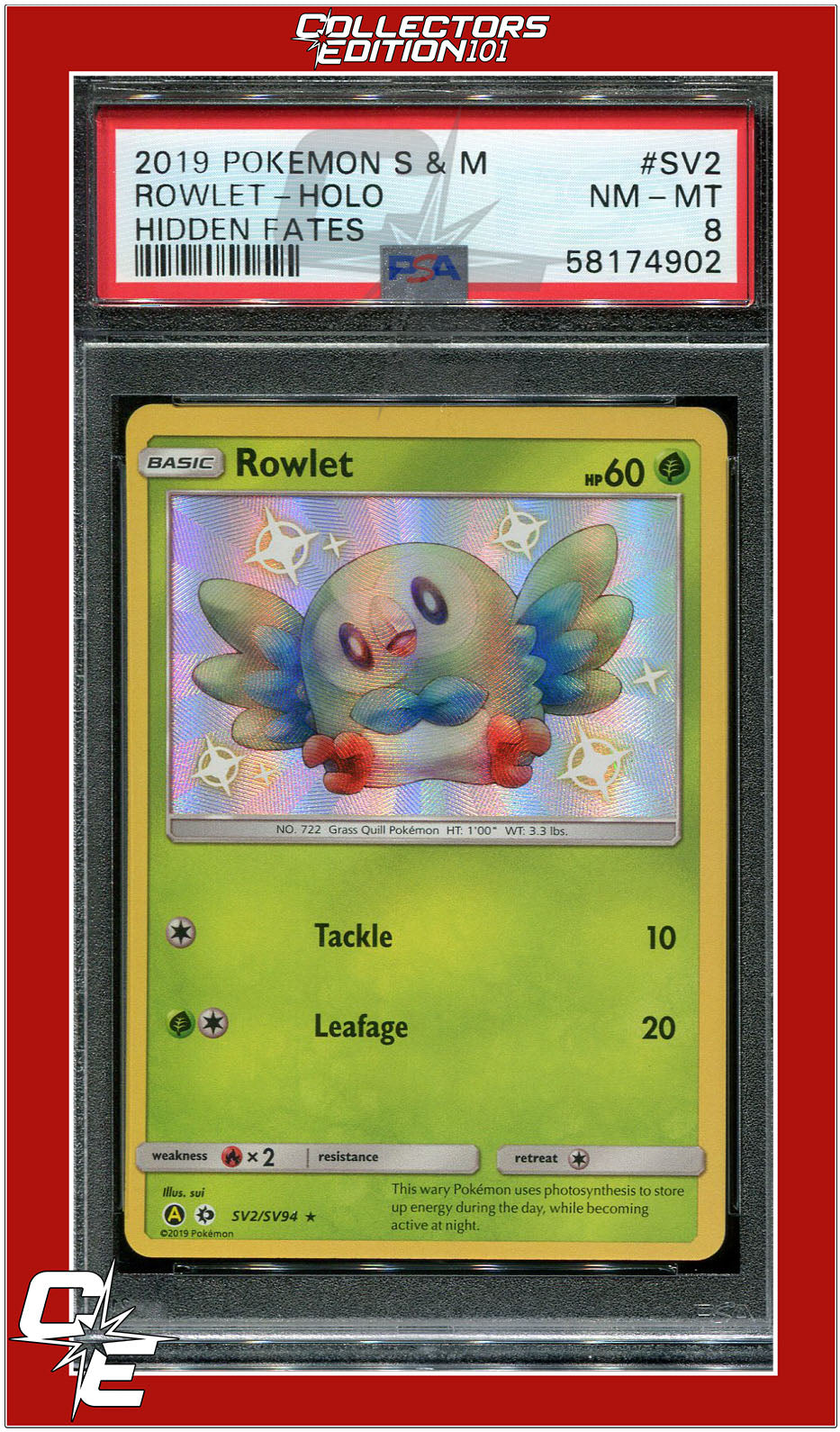 Hidden Fates SV2 Rowlet Holo PSA 8