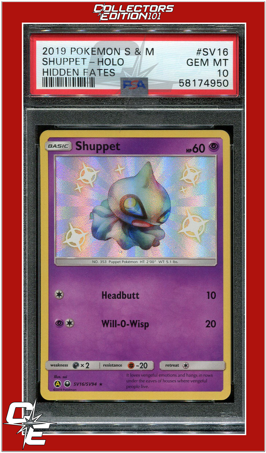 Hidden Fates SV16 Shuppet Holo PSA 10