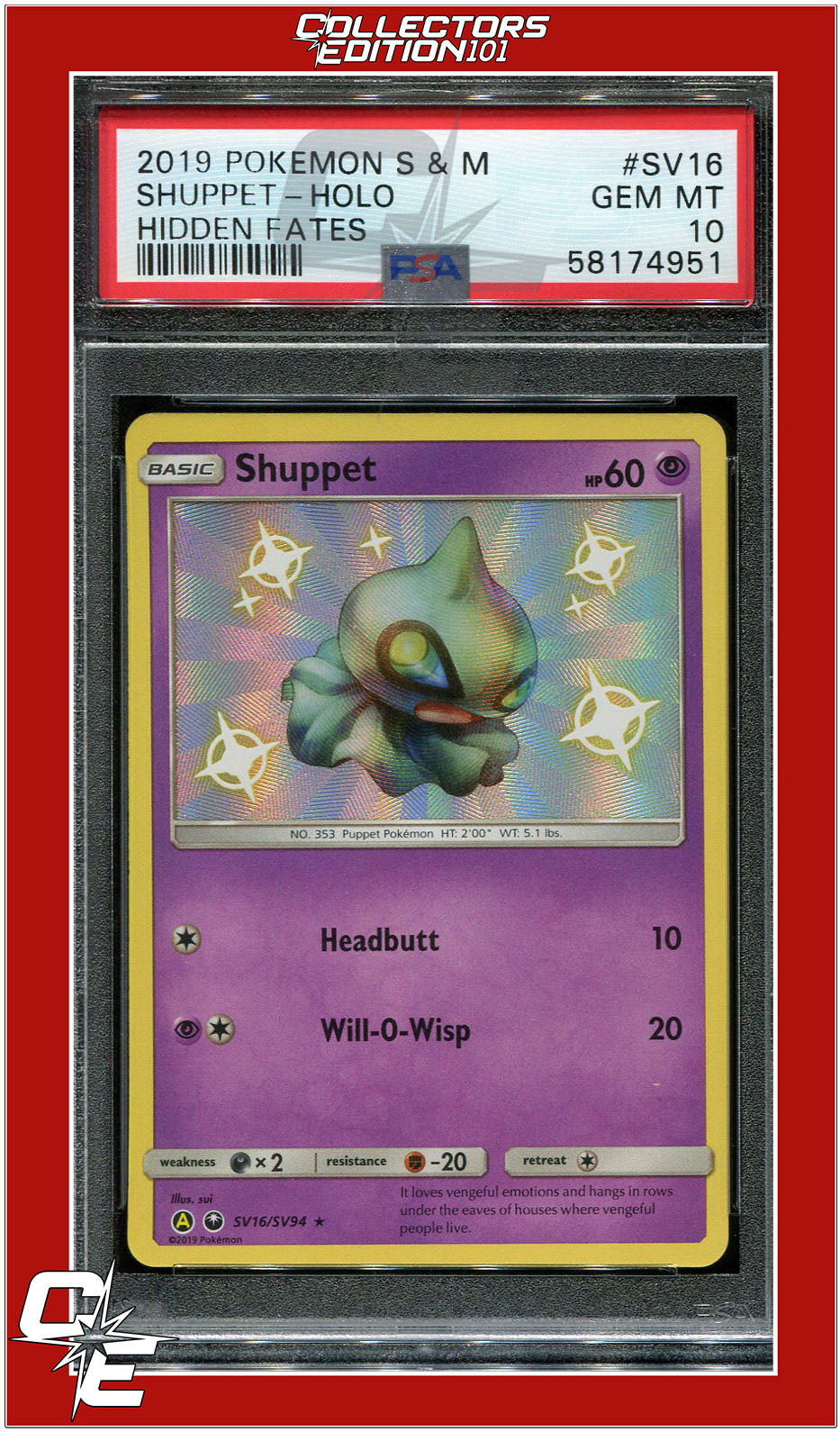 Hidden Fates SV16 Shuppet Holo PSA 10