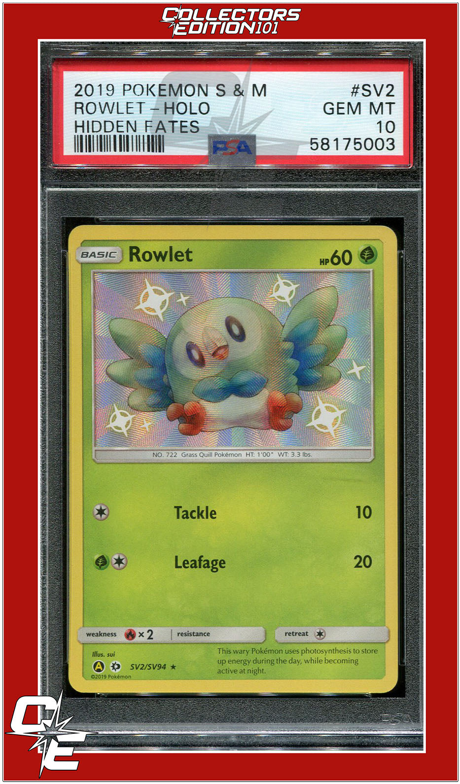 Hidden Fates SV2 Rowlet Holo PSA 10