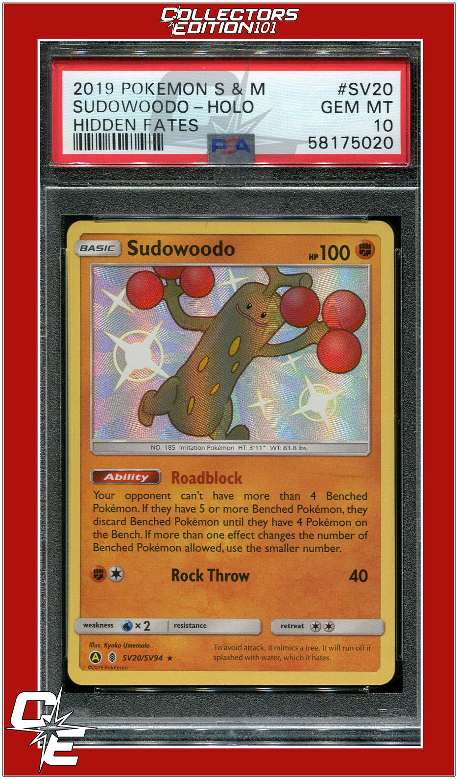 Hidden Fates SV20 Sudowoodo Holo PSA 10