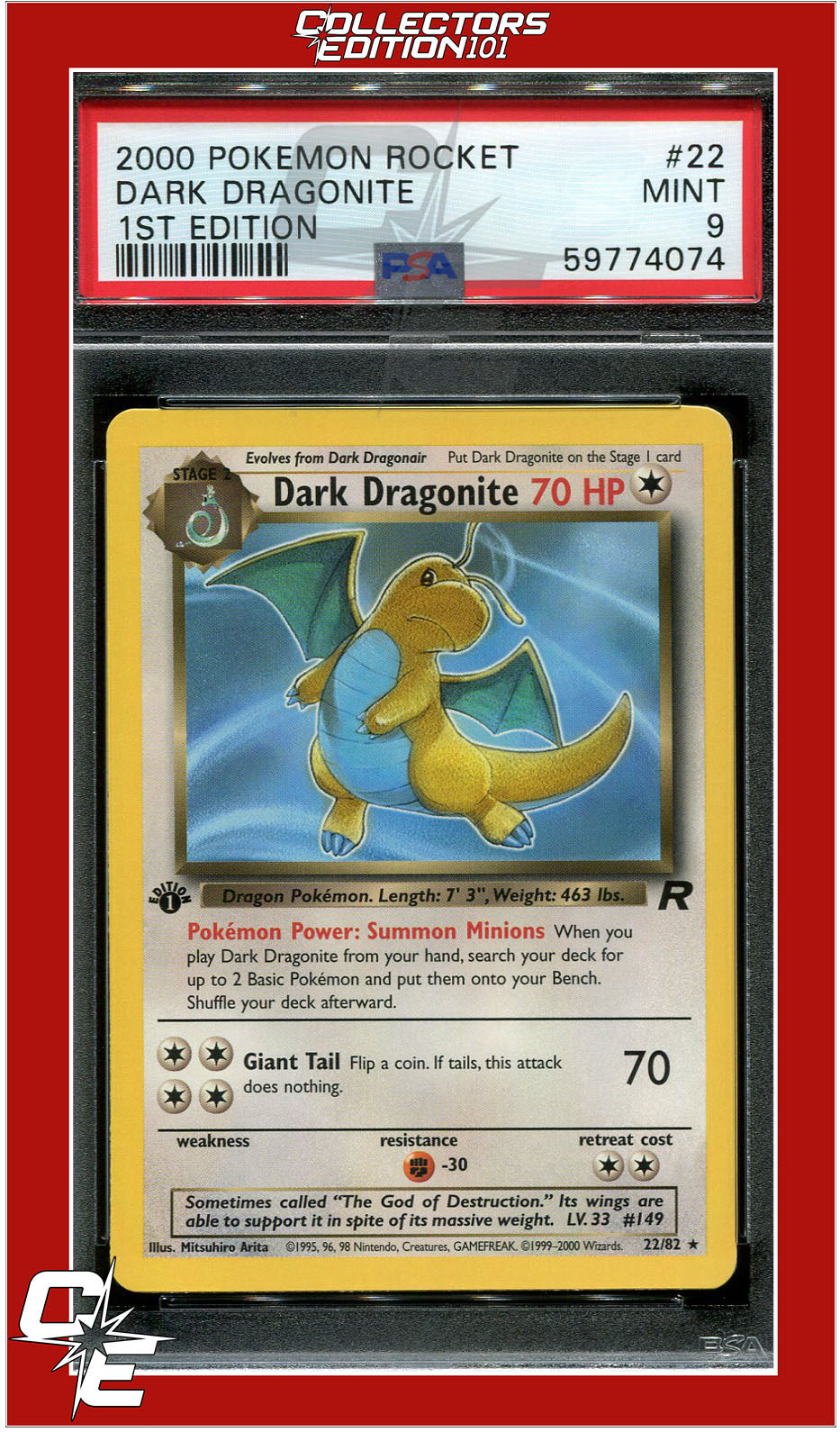 Team Rocket 22 Dark Dragonite 1st Edition PSA 9