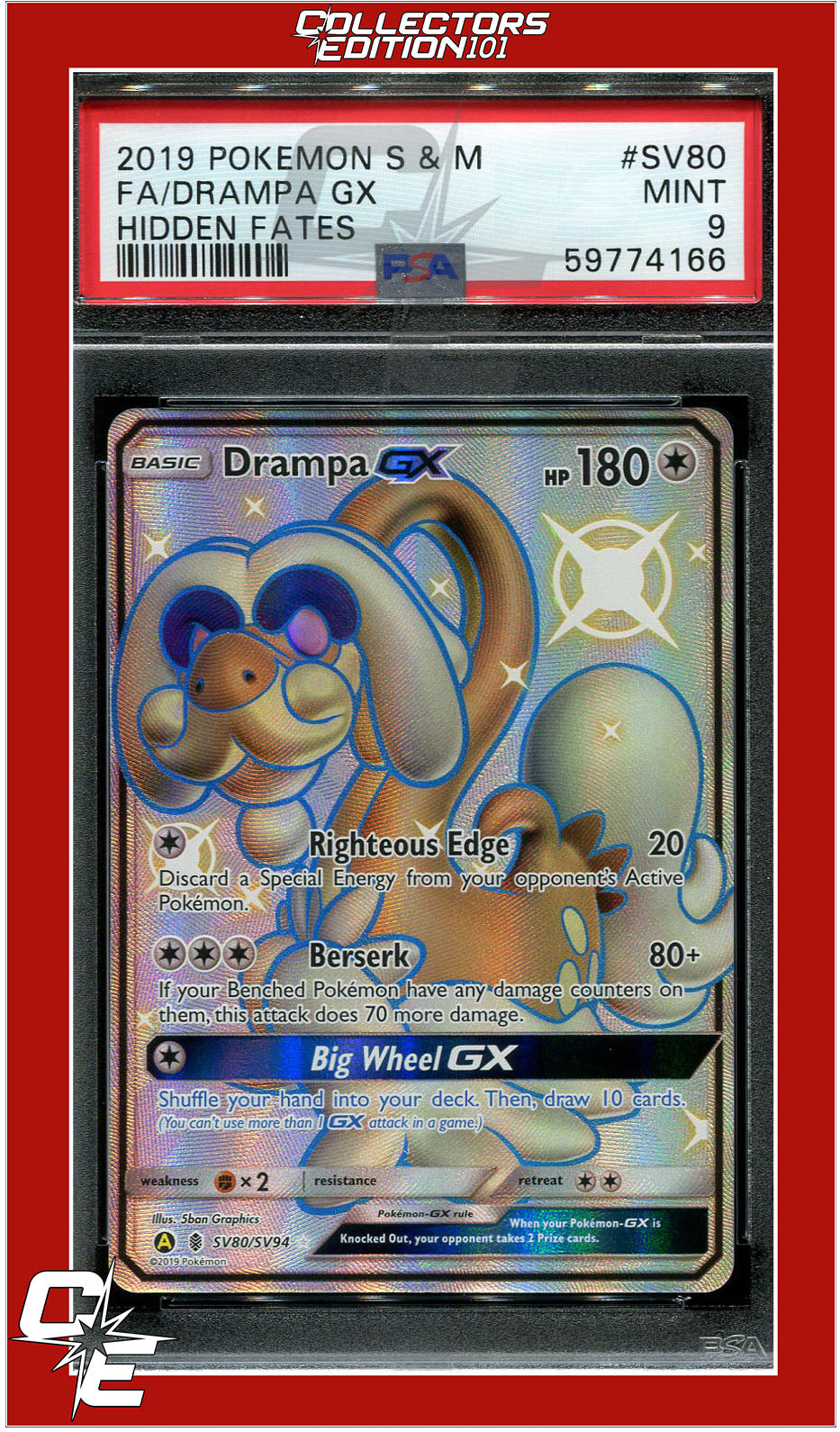 Hidden Fates SV80 Full Art Drampa GX PSA 9