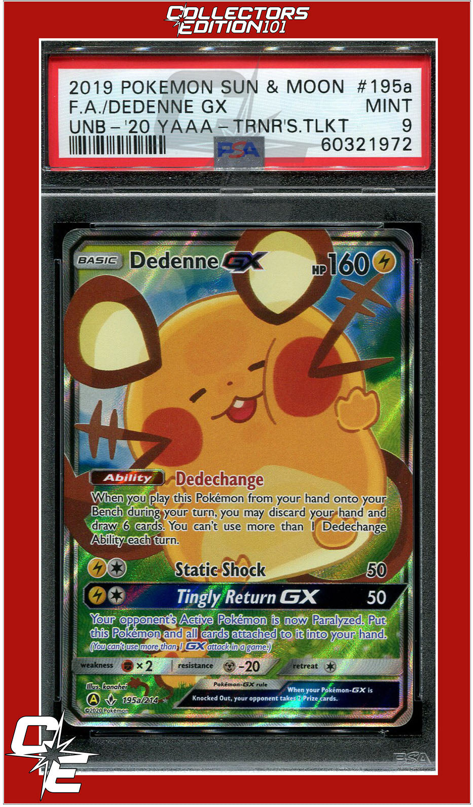 Unbroken Bonds 195a Full Art Dedenne GX 2020 Yellow A Alternate Art PSA 9