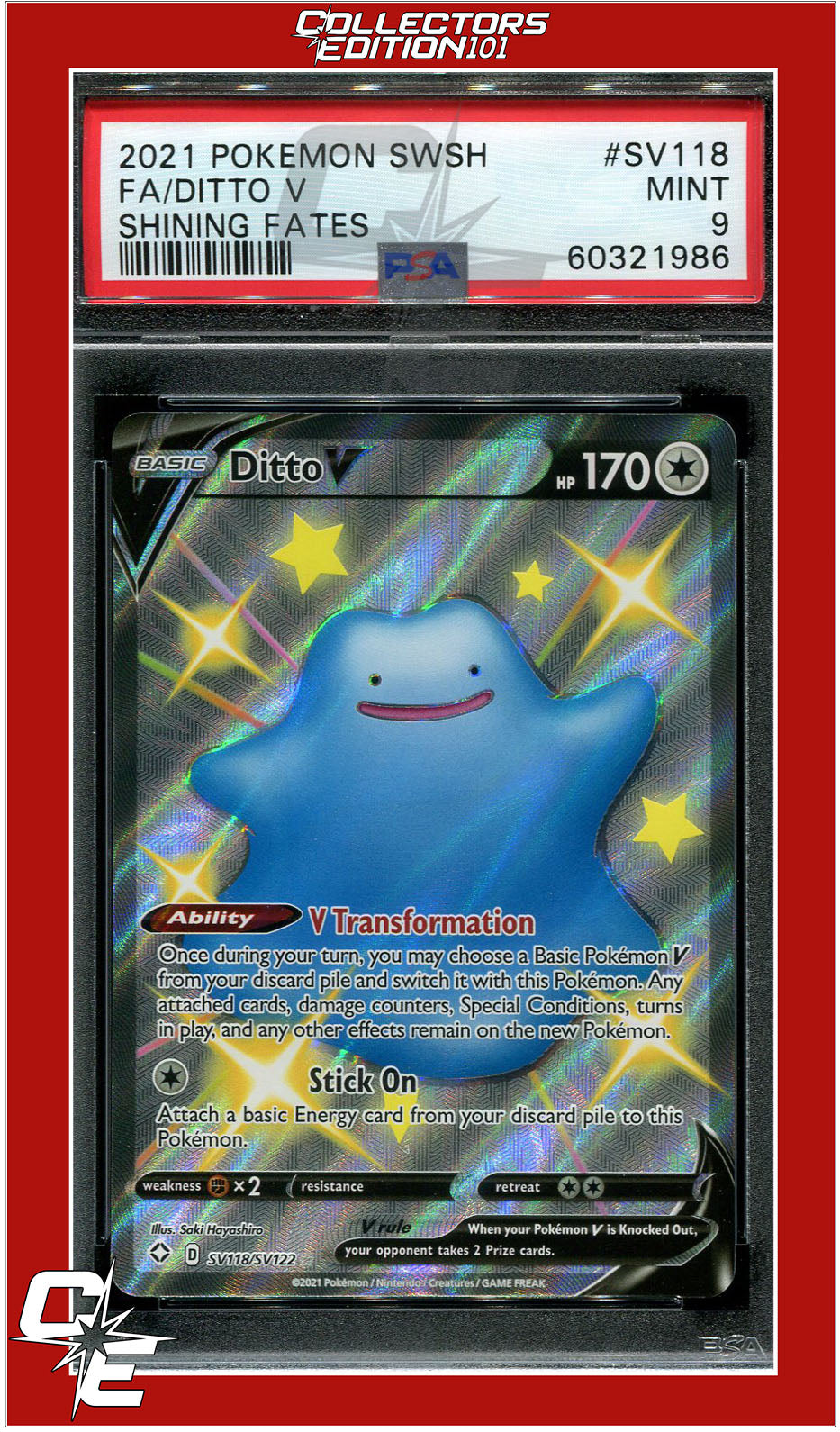 Shining Fates SV118 Full Art Ditto V PSA 9