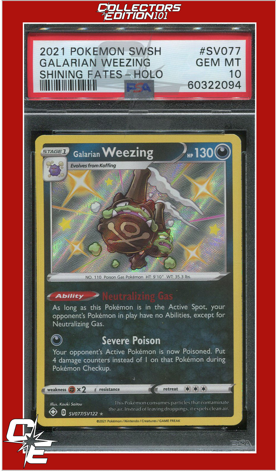 Shining Fates SV077 Galarian Weezing Holo PSA 10