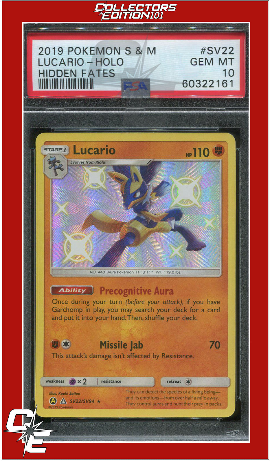 Hidden Fates SV22 Lucario Holo PSA 10