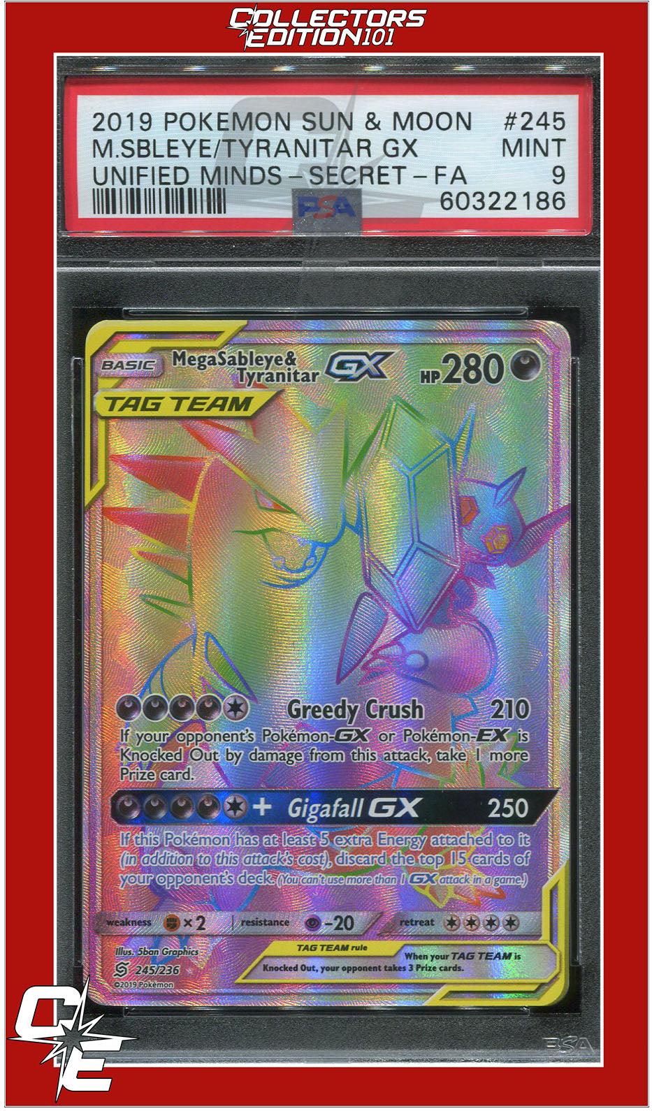 Unified Minds 245 Full Art Mega Sableye & Tyranitar GX Secret PSA 9