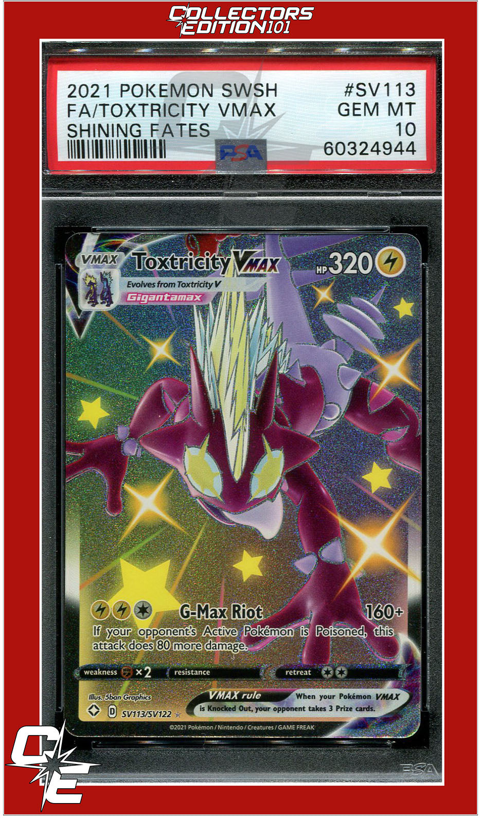 Shining Fates SV113 Full Art Toxtricity Vmax PSA 10