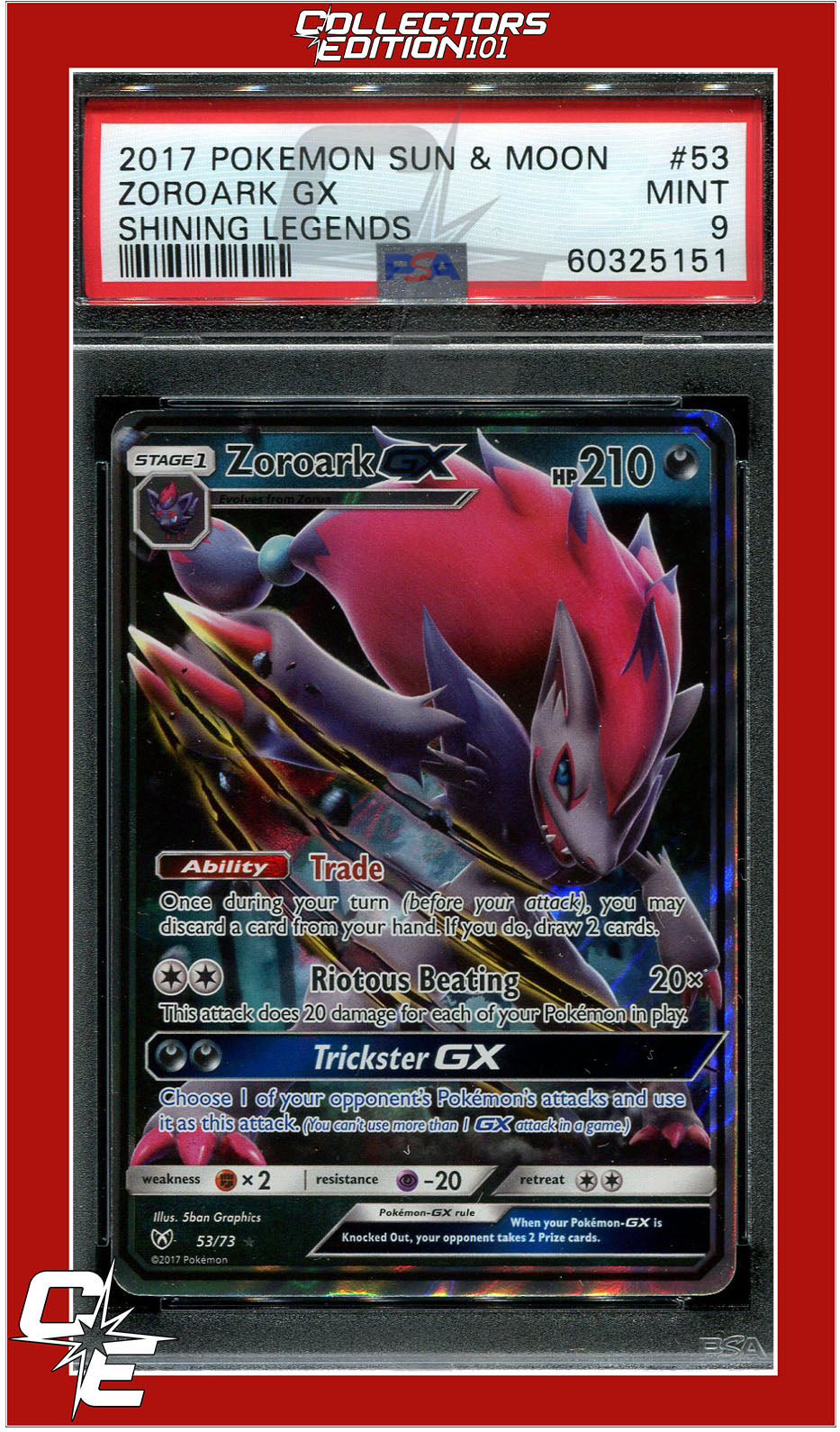 Shining Legends 53 Zoroark GX PSA 9