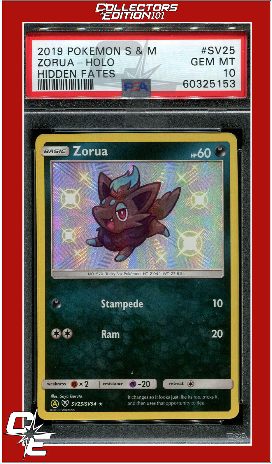 Hidden Fates SV25 Zorua Holo PSA 10