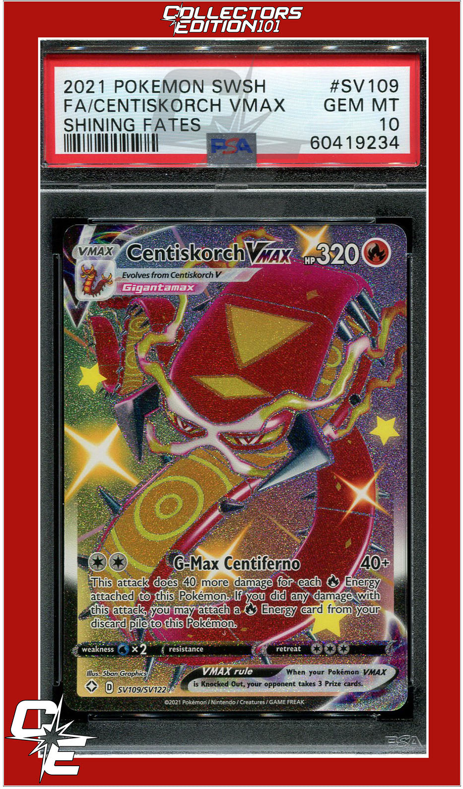 Shining Fates SV109 Full Art Centiskorch Vmax PSA 10