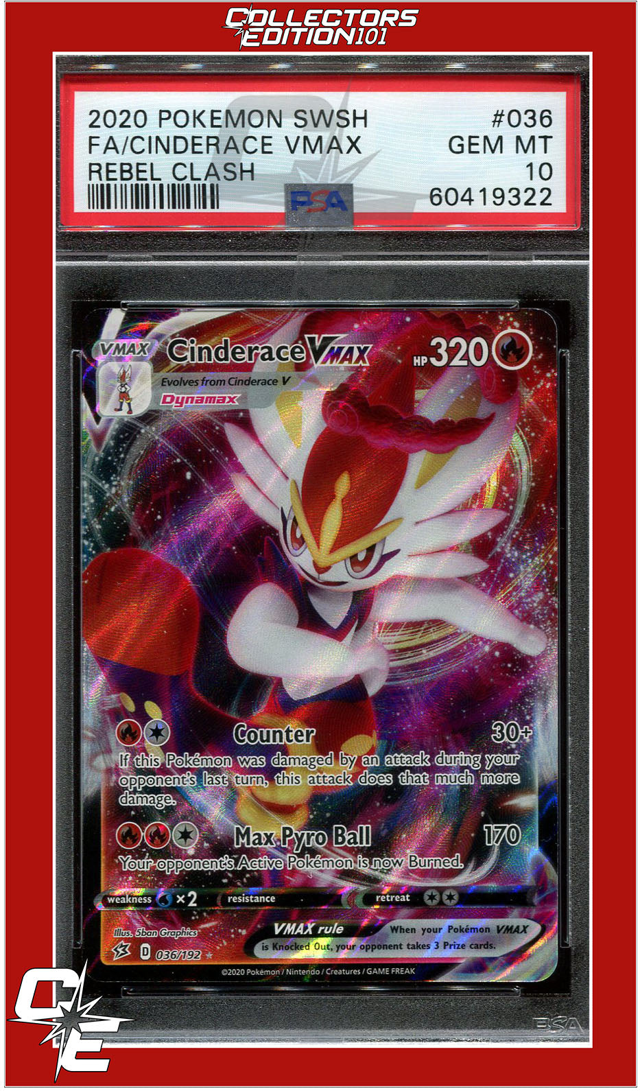 Rebel Clash 036 Full Art Cinderace Vmax PSA 10