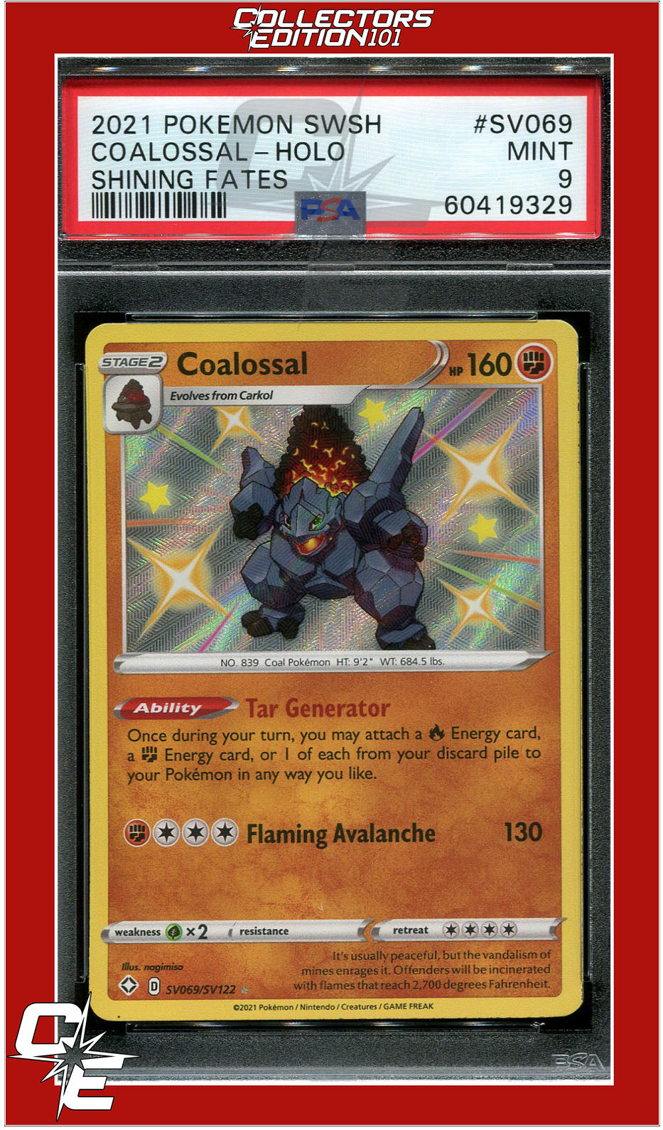 Shining Fates SV069 Coalossal Holo PSA 9