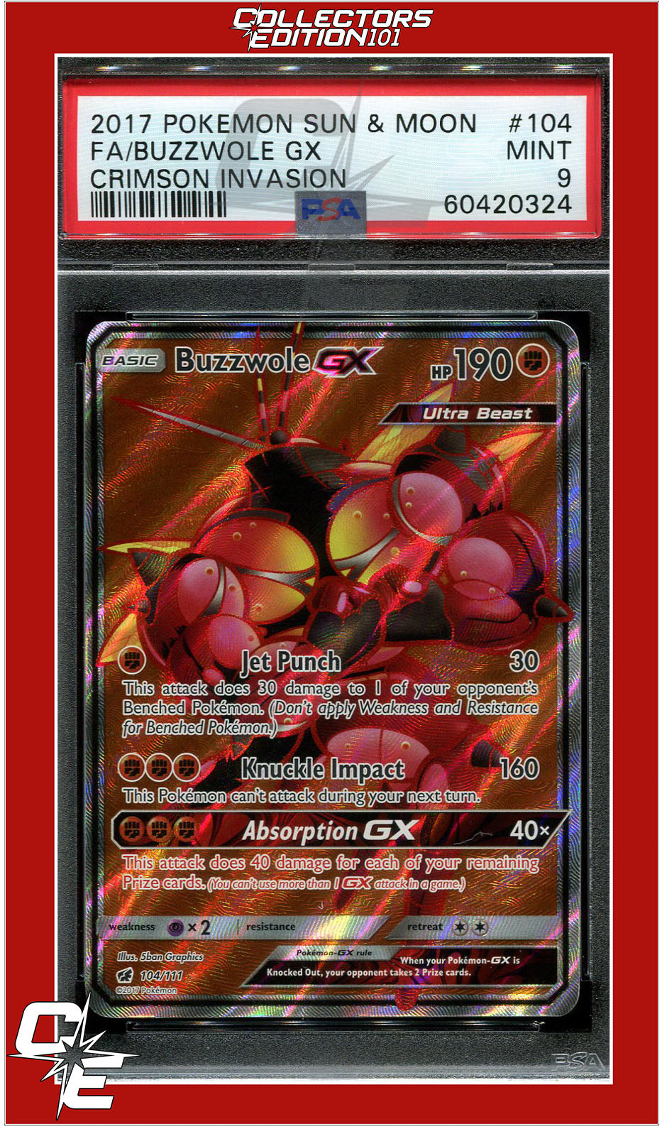 Crimson Invasion 104 Full Art Buzzwole GX PSA 9