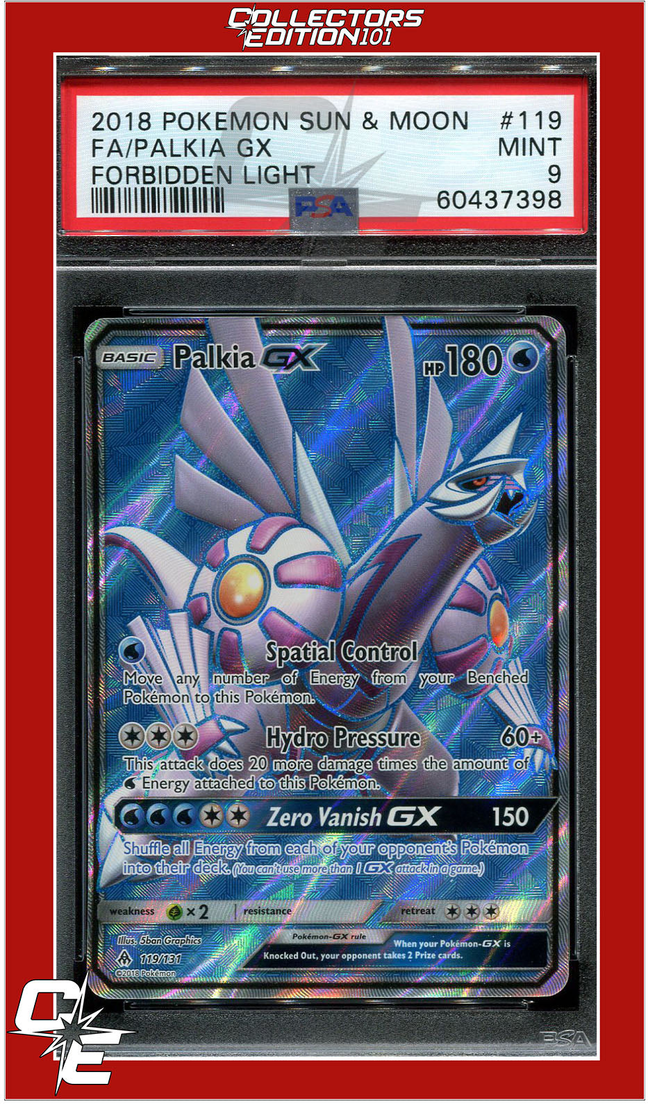 Forbidden Light 119 Full Art Palkia GX PSA 9