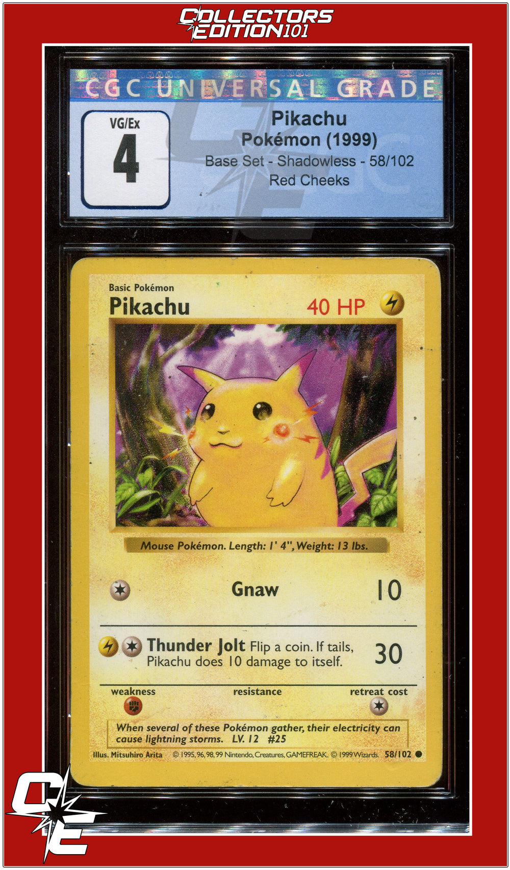 pikachu pokemon card value 58 102 Base Set 58 Pikachu Red Cheeks Shadowless CGC 4 *ERROR*