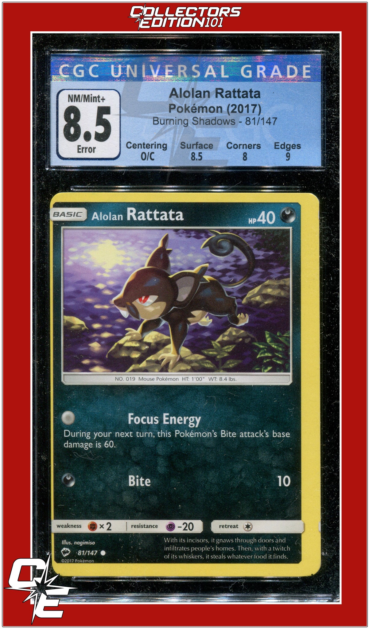 Burning Shadows 81 Alolan Rattata CGC 8.5 - Miscut *ERROR* | Collectors Edition 101 Burning Shadows 81 Alolan Rattata CGC 8.5 - Miscut *ERROR* | Collectors Edition 101