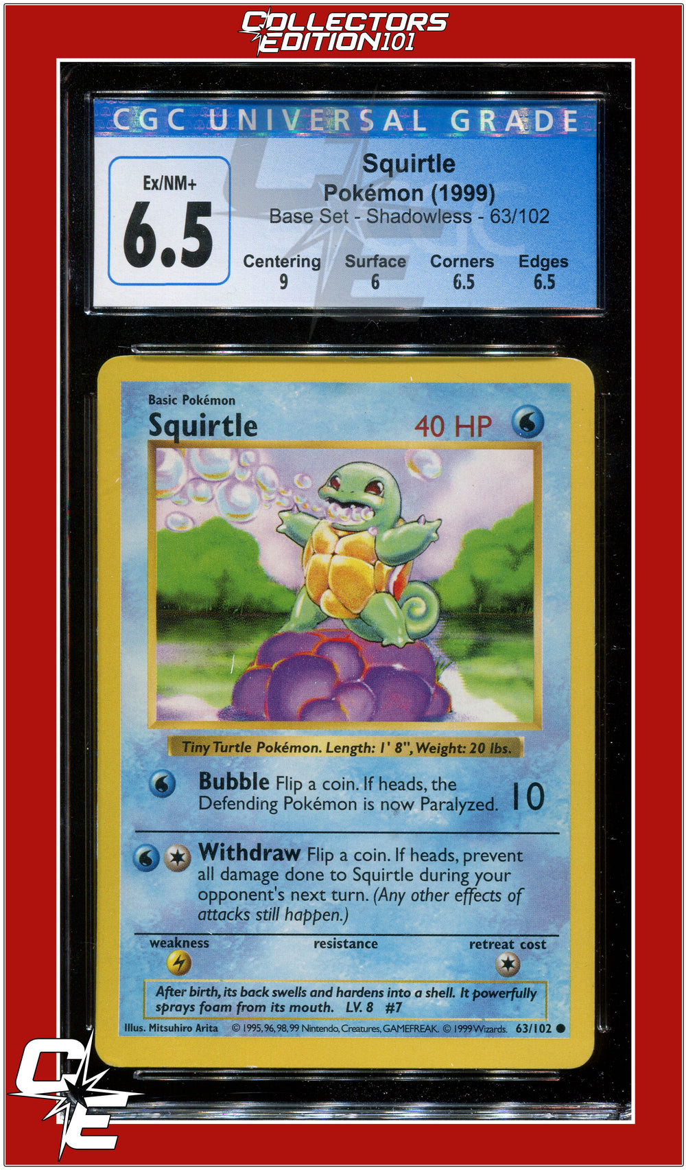 Base Set 63 Squirtle Shadowless CGC 6.5 - Subgrades