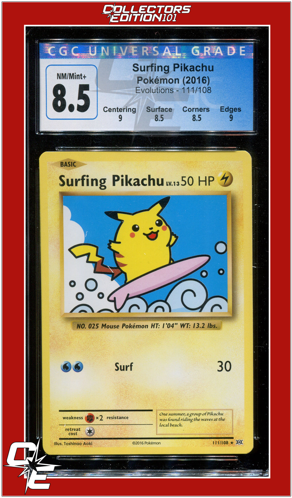pokemon card pikachu 2016 Evolutions 111 Surfing Pikachu CGC 8.5 - Subgrades