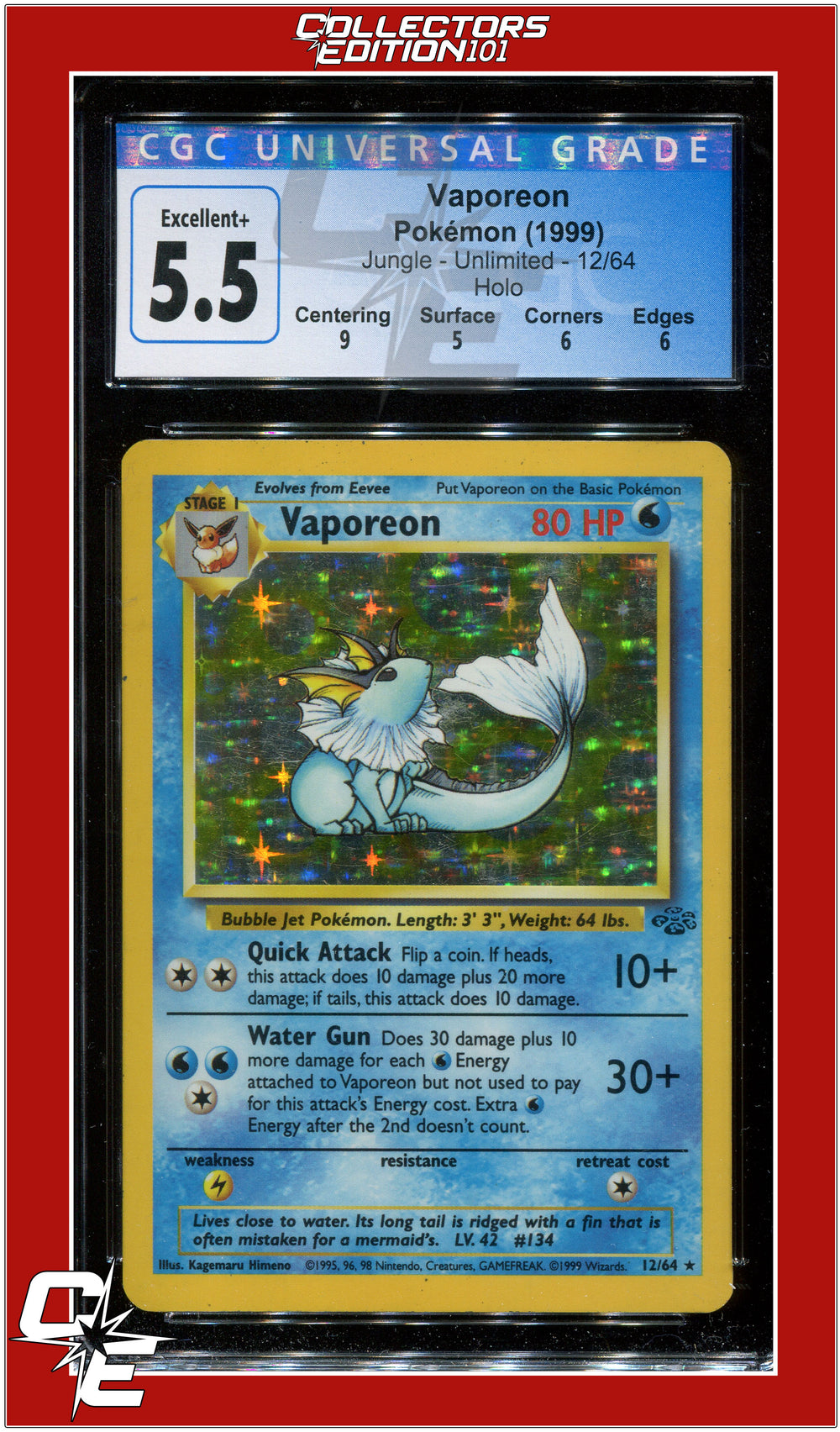 Jungle Vaporeon Holo 12/64 CGC 5.5 - Subgrades