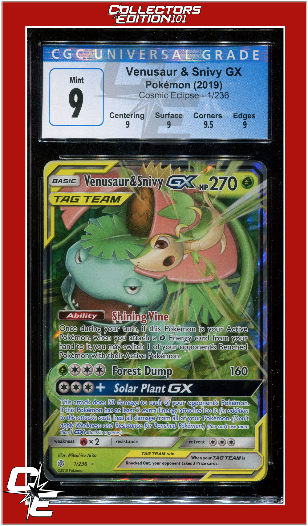 Cosmic Eclipse Venusaur & Snivy GX 1/236 CGC 9 - Subgrades