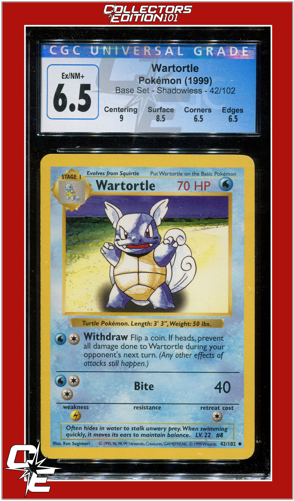 Base Set Shadowless Wartortle 42/102 CGC 6.5 - Subgrades