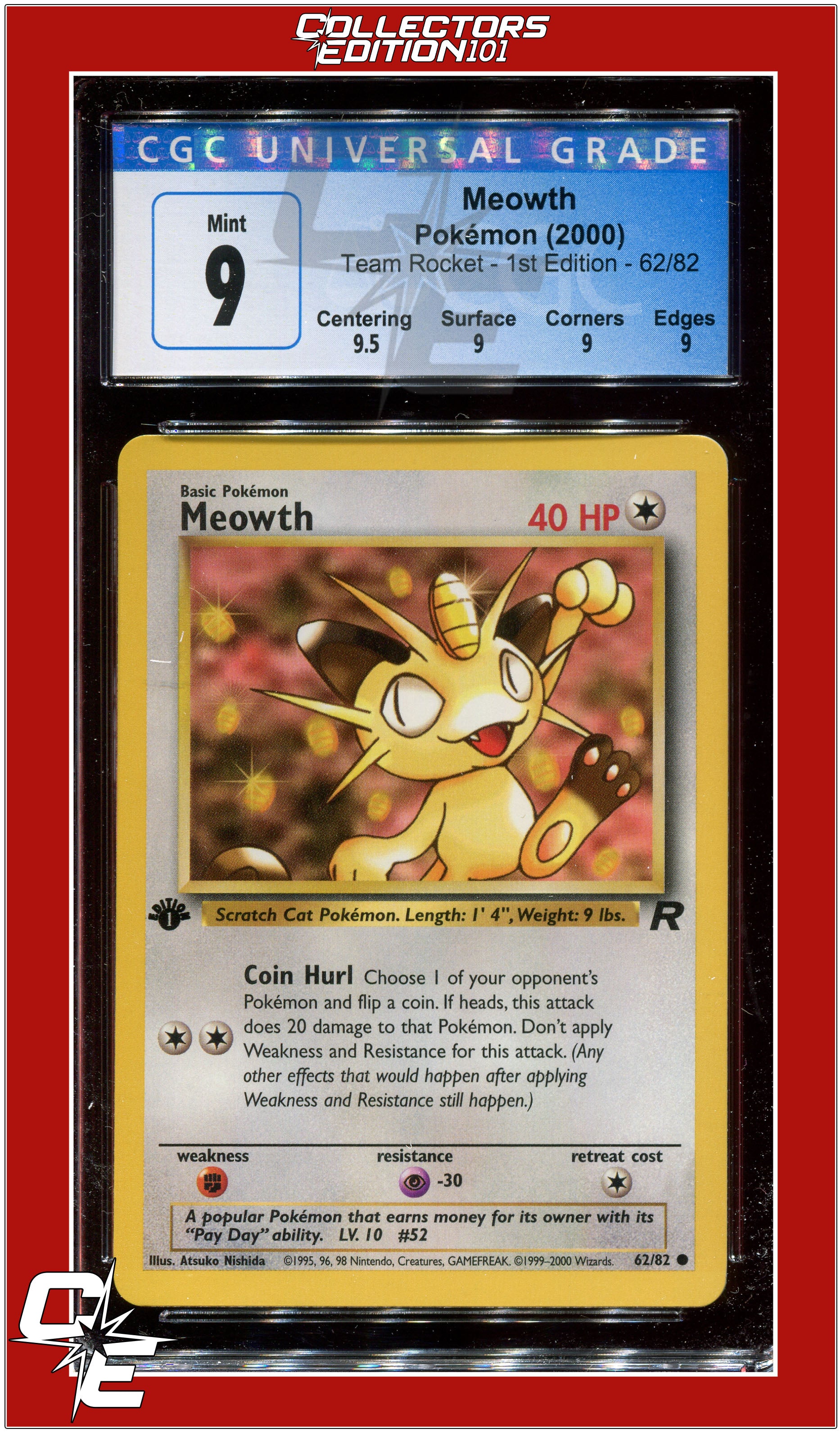Team Rocket 62 Meowth 1st Edition CGC 9 - Subgrades | Collectors Edition 101 Team Rocket 62 Meowth 1st Edition CGC 9 - Subgrades | Collectors Edition 101