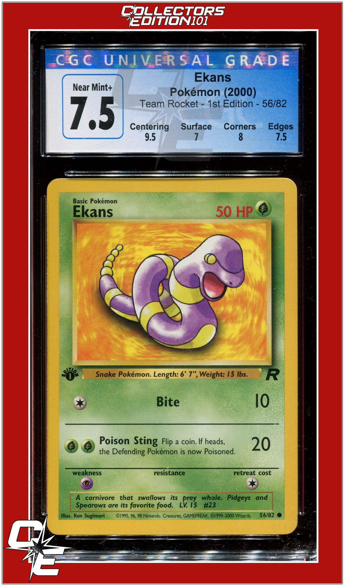 1995 ekans pokemon card Team Rocket 56 Ekans 1st Edition CGC 7.5 - Subgrades
