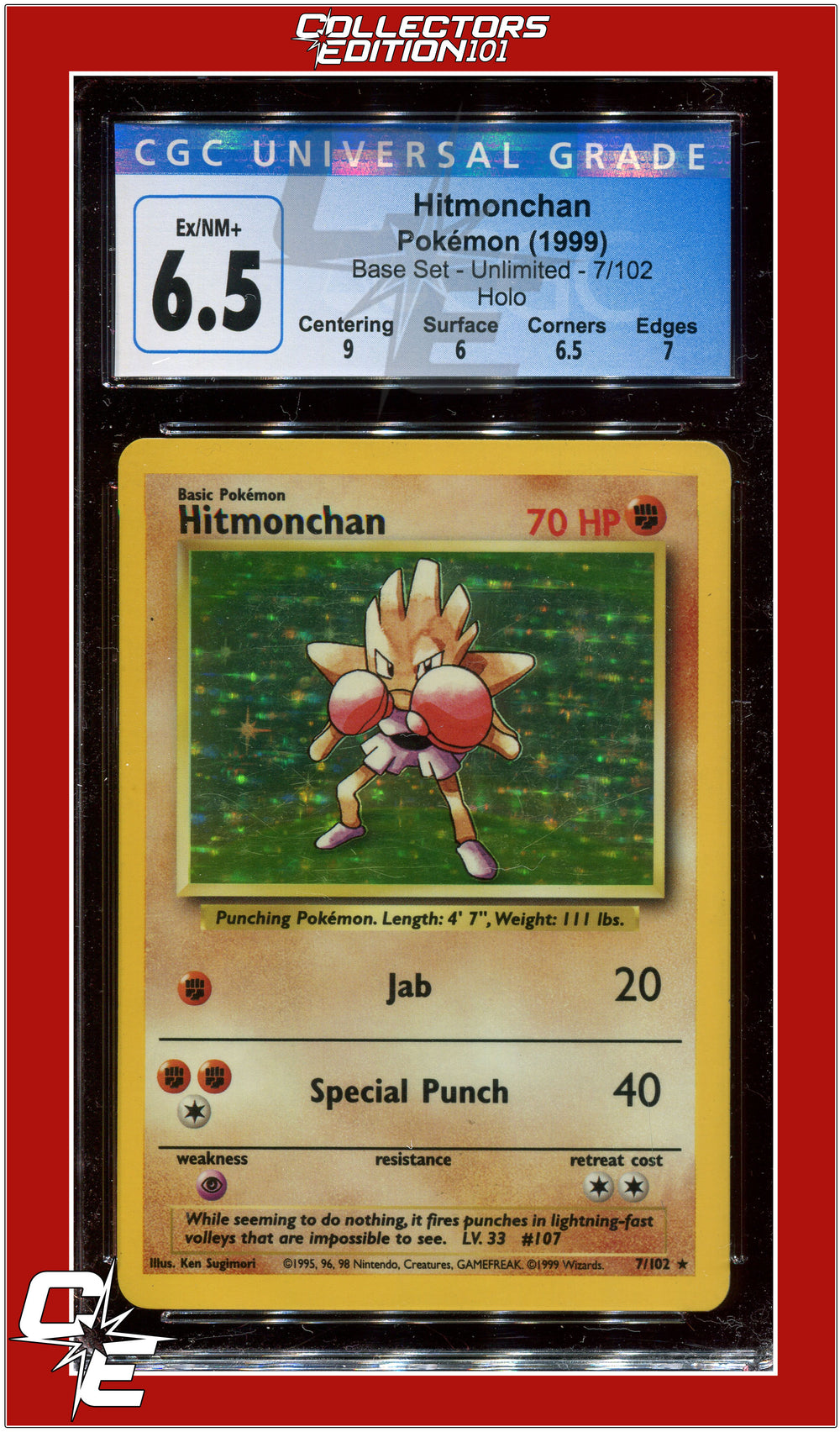 Base Set Hitmonchan Holo 7/102 CGC 6.5 - Subgrades